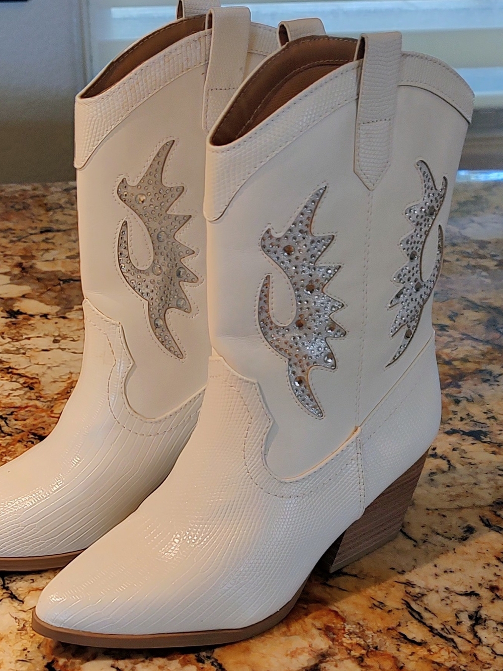 Soda White Rhinestone Western Mid-Calf Heeled Cowboy Boots